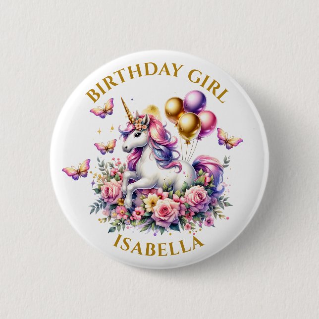 Bóton Redondo 5.08cm Bonito rosa, roxa e Dourada Garota de Aniversário  (Frente)