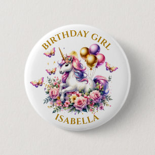 Bóton Redondo 5.08cm Bonito rosa, roxa e Dourada Garota de Aniversário
