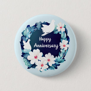 Bóton Redondo 5.08cm Bonitos Doves Brancos Floral Wreath