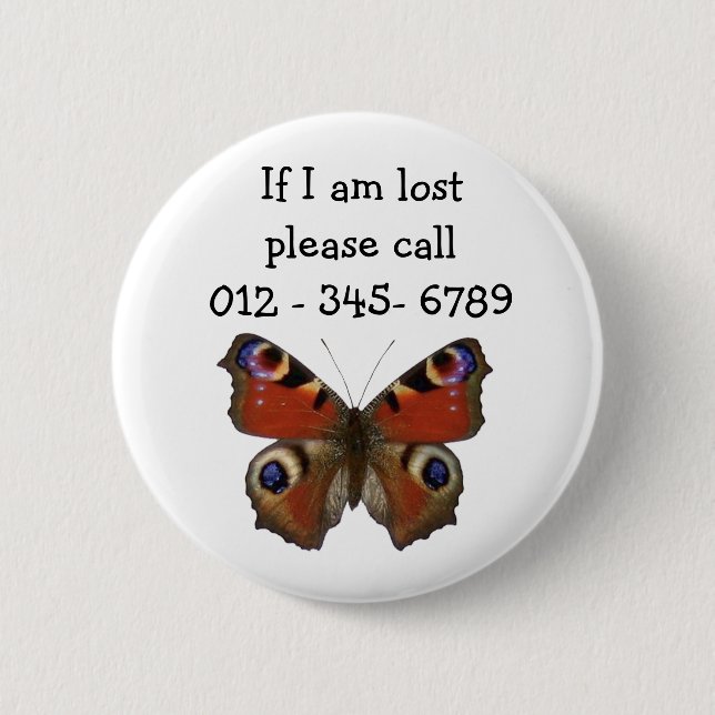 Bóton Redondo 5.08cm Borboleta, Contato de Emergência Infantil (Frente)