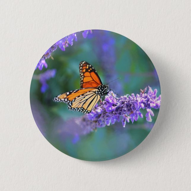 Bóton Redondo 5.08cm Borboleta Monarca em Flor de Lilás Roxo (Frente)