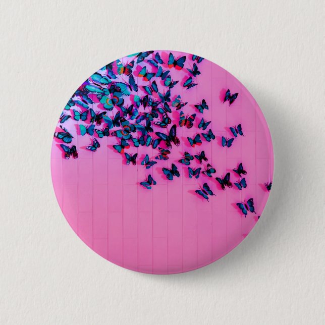 Bóton Redondo 5.08cm Borboletas Azul Rosa Bonito (Frente)