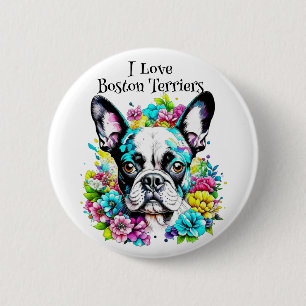 Bóton Redondo 5.08cm Boston Terrier e Flores