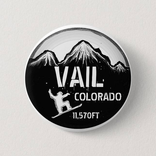 Bóton Redondo 5.08cm Botão branco preto da arte do snowboard de Vail (Frente)