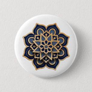 Bóton Redondo 5.08cm Botão com Design Mandala - Azul Marinho & 