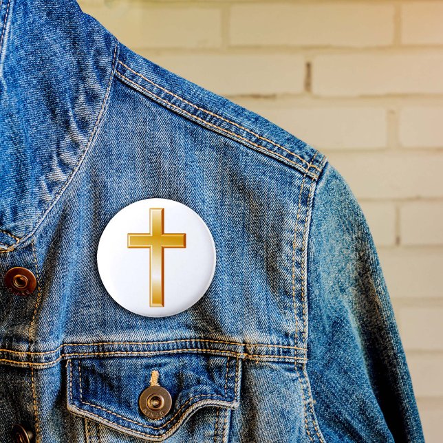 Bóton Redondo 5.08cm Botão Cruz Dourado Cristão (The gold cross is a central symbol of the Christian faith. )