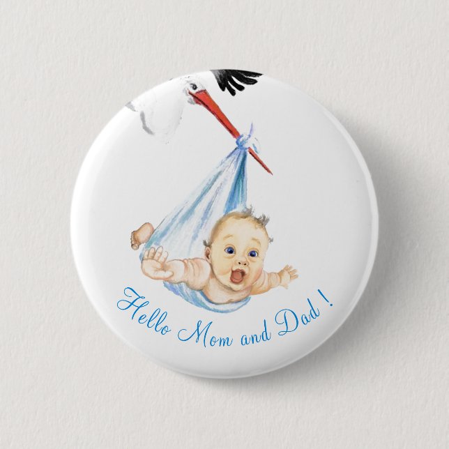 Bóton Redondo 5.08cm Botão de Bebê de Carregando de Stork Olá Mãe e Pai (Frente)