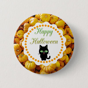 Bóton Redondo 5.08cm Botão de Gato Preto Feliz Halloween Pumpkins