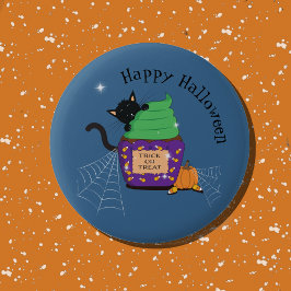 Bóton Redondo 5.08cm Botão de Halloween Azul de Gatinho Preto Fofo e Cu