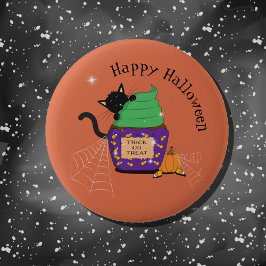 Bóton Redondo 5.08cm Botão de Halloween Laranja Gato Preto