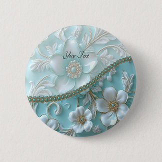 Bóton Redondo 5.08cm Botão Floral Branco Turquesa