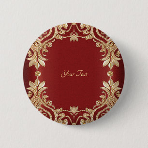 Bóton Redondo 5.08cm Botão Floral Vermelho Dourado Moderno