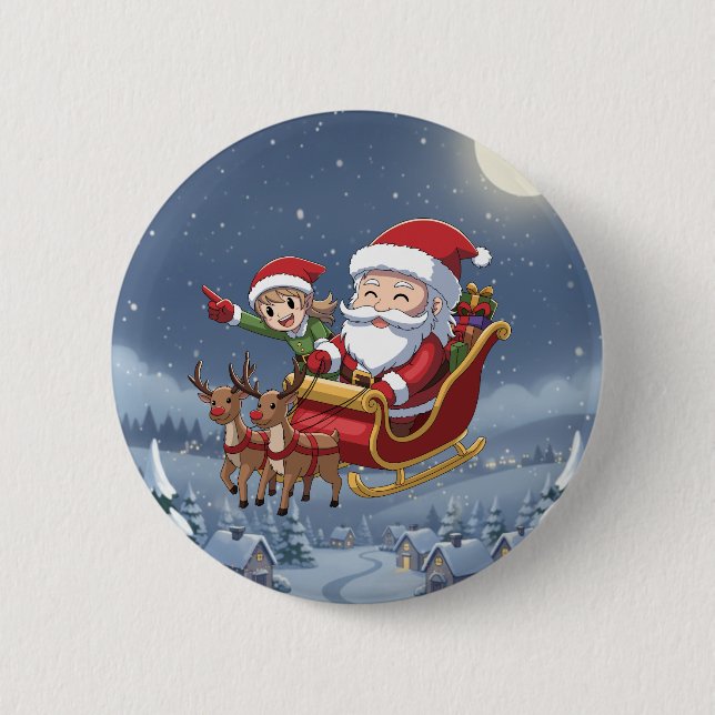 Bóton Redondo 5.08cm Botão fofo de Natal Chibi Papai Noel e Elfo (Frente)
