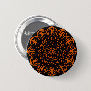 Bóton Redondo 5.08cm Botão Mandala Preto e Laranja