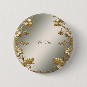 Bóton Redondo 5.08cm Botão Ornate Dourado Floral Branco