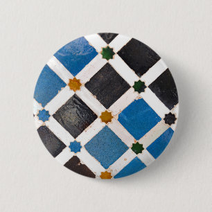 Bóton Redondo 5.08cm Botão Padrão Geométrico Azul e Laranja