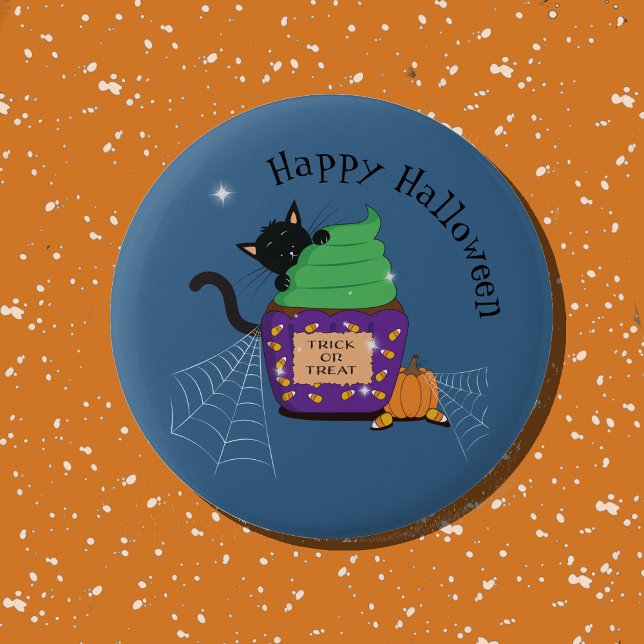 Bóton Redondo 5.08cm Botão preto-branco e Cupcake azul do Dia das Bruxa (Cute black cat Halloween blue button .)