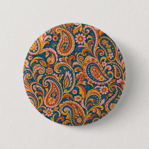 Bóton Redondo 5.08cm Botão Redondo de Paisley Terracota e Azul Naval