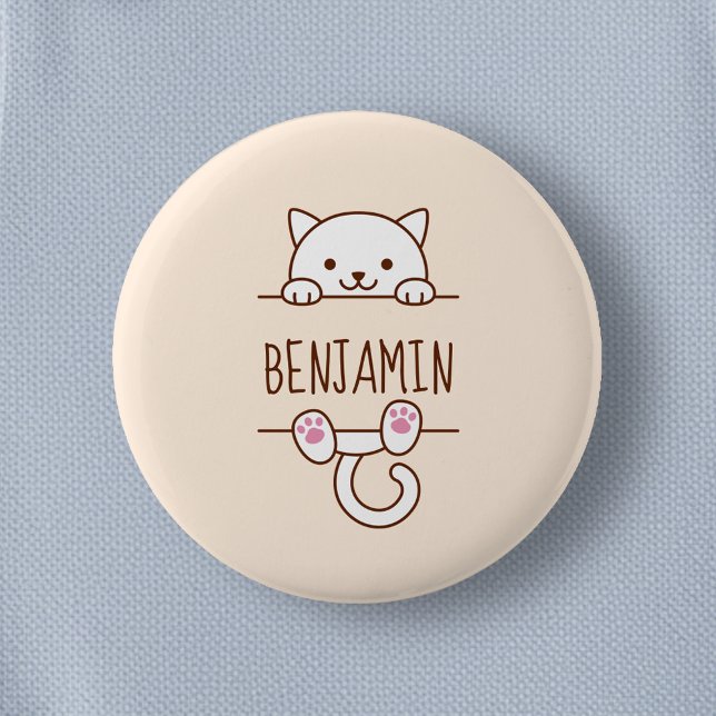 Bóton Redondo 5.08cm Branca de Gato por trás do Nome Personalizado (Criador carregado)