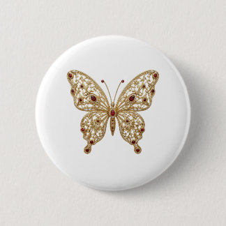 Bóton Redondo 5.08cm Broche Borboleta em Filigrana Vermelho Rubi Dourad