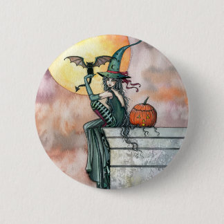 Bóton Redondo 5.08cm Broche de Gata Bruxa de Halloween por Molly Harris