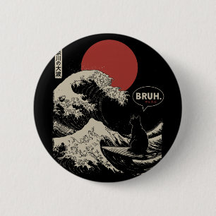 Bóton Redondo 5.08cm Bruh.' A Grande Onda Kanagawa Japonês Divertido Su