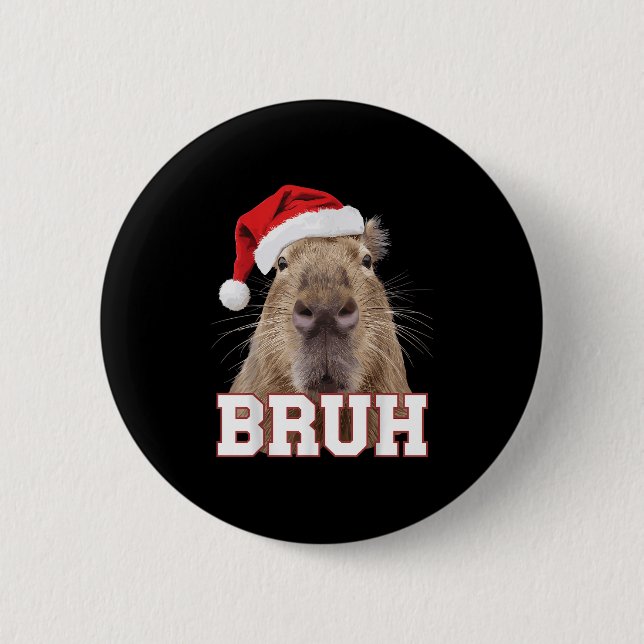 Bóton Redondo 5.08cm Bruh Capybara Funny Santa Hat Boné de Natal (Frente)