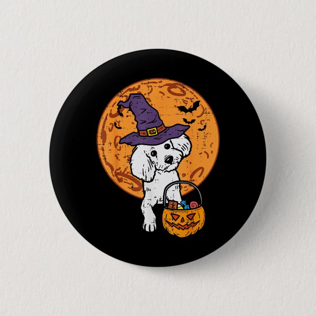 Bóton Redondo 5.08cm Bruxa de Poodle Lua Jack O Lantern Dia das Bruxas  (Frente)