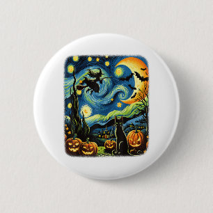 Bóton Redondo 5.08cm Bruxa Halloween Van Gogh Starry Night Black Cat Pu