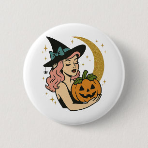 Bóton Redondo 5.08cm Bruxa Vintage com Abóbora Halloween