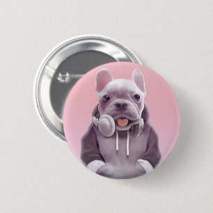 Bóton Redondo 5.08cm Bulldog Francês com Ilustração de Fones de ouvido