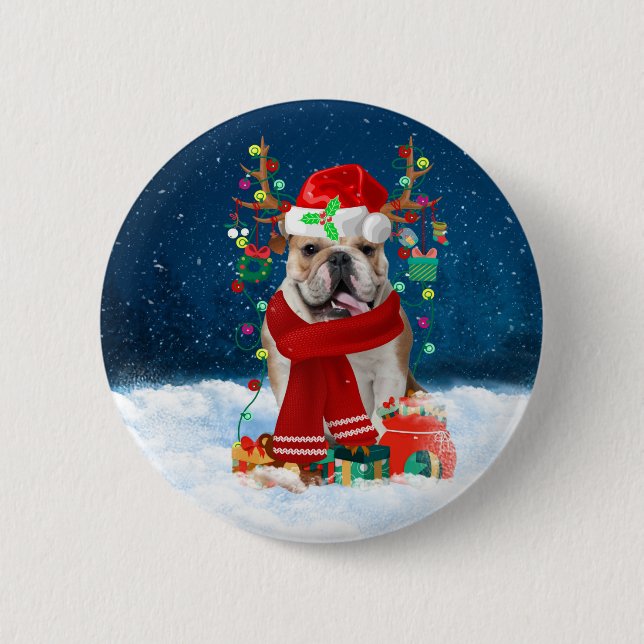 Bóton Redondo 5.08cm Bulldog Inglês em Neve com Presentes de Natal (Frente)