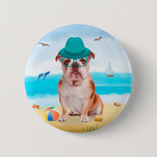 Bóton Redondo 5.08cm Bulldog Inglês na Praia (Frente)