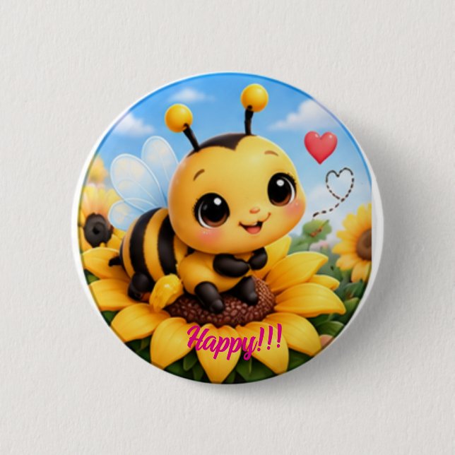 Bóton Redondo 5.08cm Bumblebee Feliz Fofo em Girassol 3 Polegadas Botão (Frente)