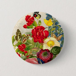 Bóton Redondo 5.08cm Buquê de Flor Vintage com Borboletas