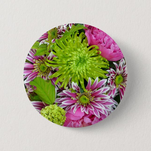 Bóton Redondo 5.08cm Buquê floral rosa e verde (Frente)