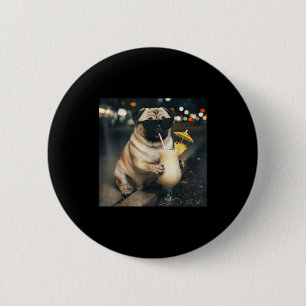 Bóton Redondo 5.08cm Cachorro pug engraçado bebendo pina colada