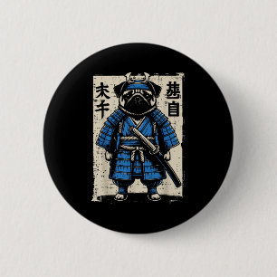 Bóton Redondo 5.08cm Cachorro Pug Samurai Guerreiro Japonês Engraçado A