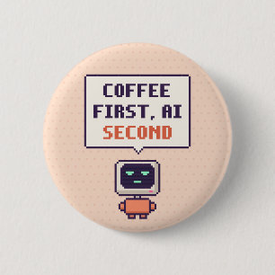 Bóton Redondo 5.08cm Café Primeiro, AI Segundo Botão de Pixel de IA Eng