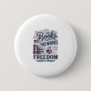 Bóton Redondo 5.08cm Camiseta Leitor Patriótico Livros Fogos de Artifíc