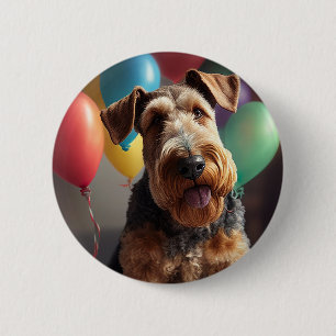 Bóton Redondo 5.08cm Cão Airedale com bolo e balões