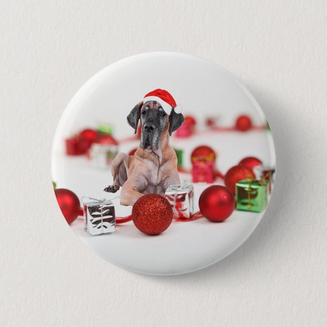 Bóton Redondo 5.08cm Cão Dogue Alemão com Enfeites de Natal Presentes (Frente)