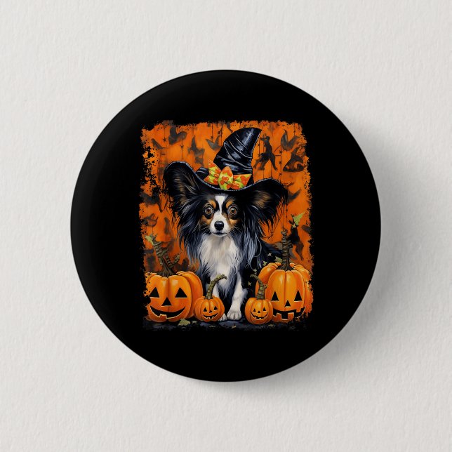Bóton Redondo 5.08cm Cão Papillon Halloween (Frente)