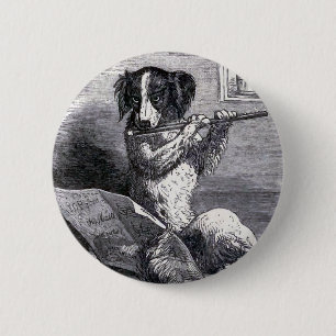 Bóton Redondo 5.08cm "Cão que joga ilustração do vintage da flauta"