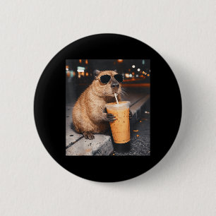 Bóton Redondo 5.08cm Capivara Bebendo Café Gelado Meme de Animal Engraç