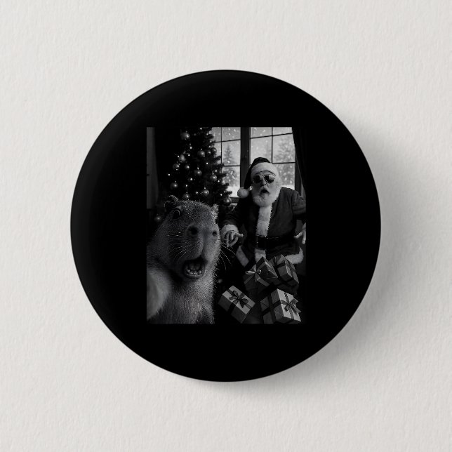 Bóton Redondo 5.08cm Capybara Selfie With Santa Funny Capybara For Men  (Frente)