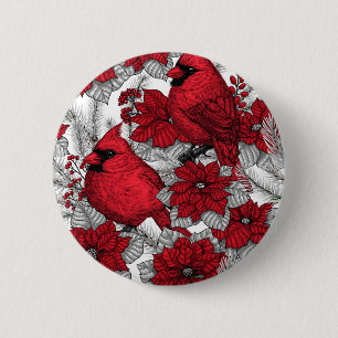Bóton Redondo 5.08cm Cardinhas e poinsetos em vermelho e branco