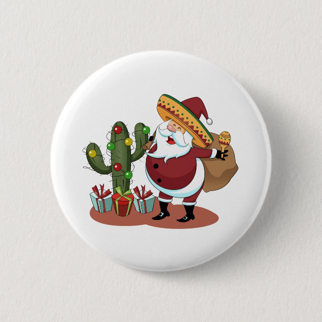 Bóton Redondo 5.08cm Cartoon cactus e Papai Noel vestindo um sombrero (Frente)