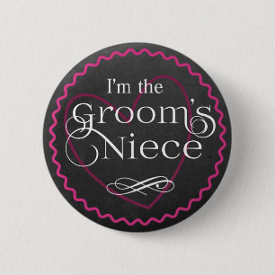 Bóton Redondo 5.08cm Casamento Coração Rosa Chalkboard Niece do Groom
