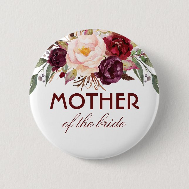 Bóton Redondo 5.08cm Casamento Legante De Flores De Água Vermelha Burgu (Frente)